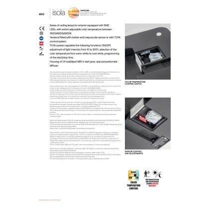 Redo 90290 - Φωτιστικό οροφής εξωτερικού χώρου LED με αισθητήρα ISOLA LED/24W/230V διάμετρος 26 cm 3000/4000/6500K IP54 ανθρακί
