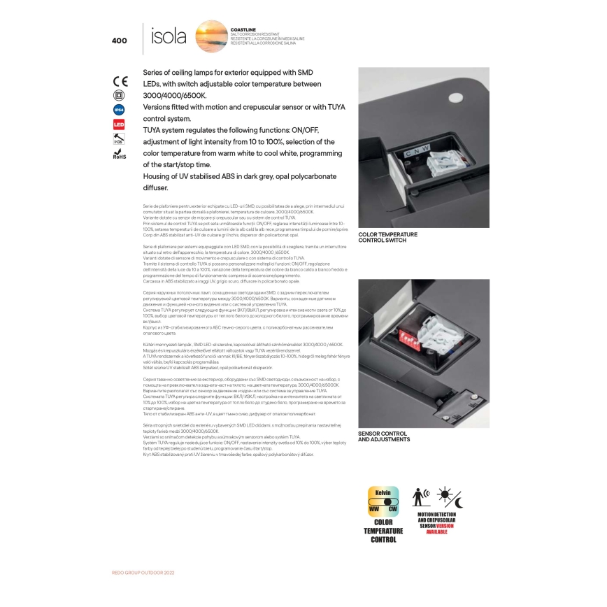 Redo 90290 - Φωτιστικό οροφής εξωτερικού χώρου LED με αισθητήρα ISOLA LED/24W/230V διάμετρος 26 cm 3000/4000/6500K IP54 ανθρακί