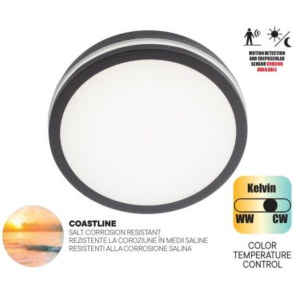 Redo 90290 - Φωτιστικό οροφής εξωτερικού χώρου LED με αισθητήρα ISOLA LED/24W/230V διάμετρος 26 cm 3000/4000/6500K IP54 ανθρακί