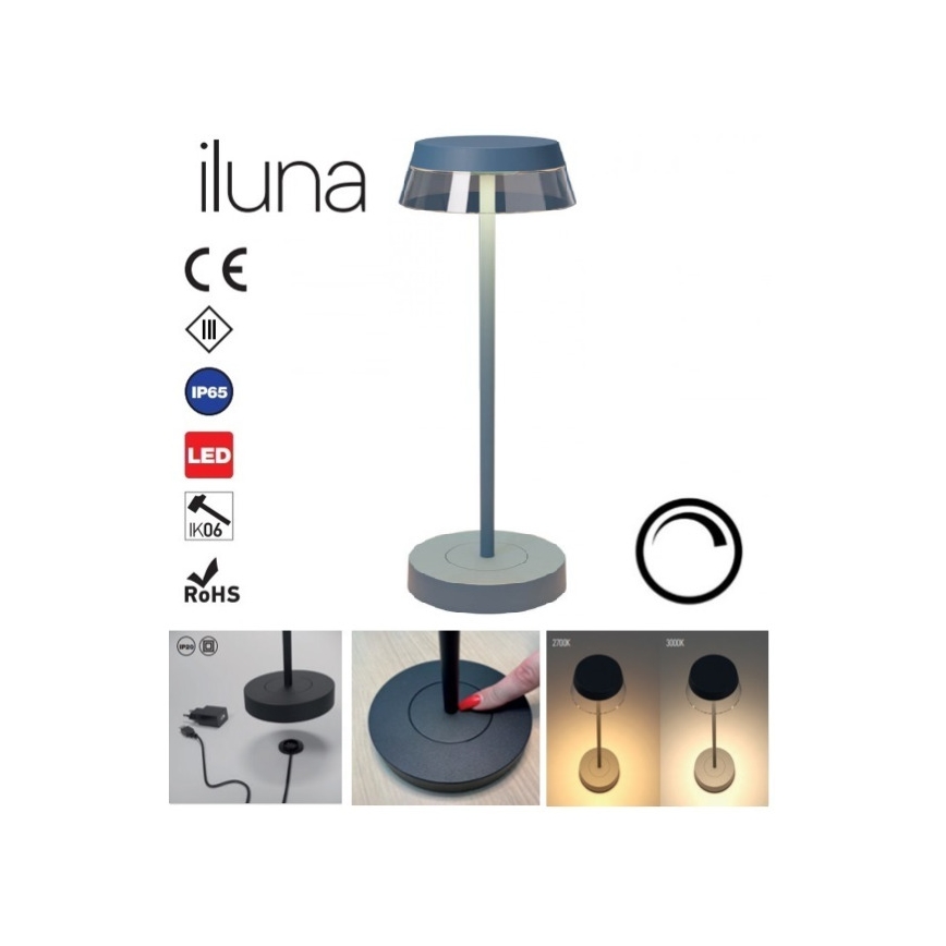 Redo 90310 - Επιτραπέζια λάμπα αφής dimming LED ILUNA LED/2,5W/5V 2700-3000K 3000 mAh IP65 μπλε