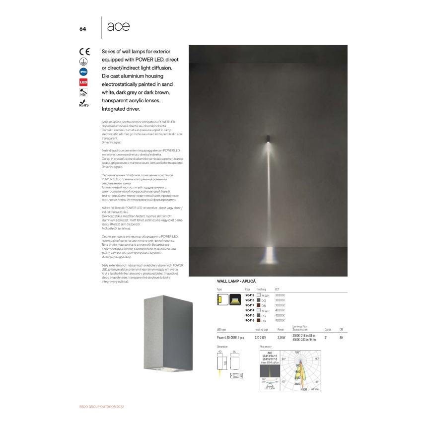 Redo 90413 - LED Επιτοίχιο φωτιστικό εξωτερικού χώρου ACE LED/3,36W/230V 3000K IP54 λευκό