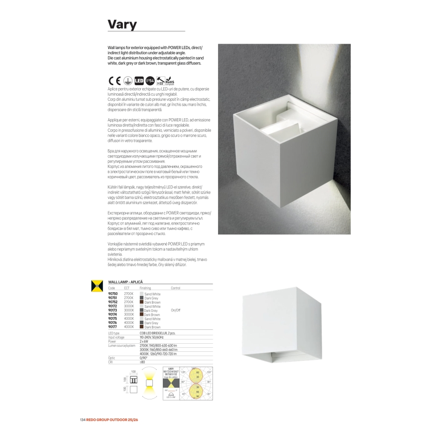 Redo 90554 - Επιτοίχιο εξωτερικό φωτιστικό LED VARY 2xLED/10W/230V 3000K IP54 καφέ