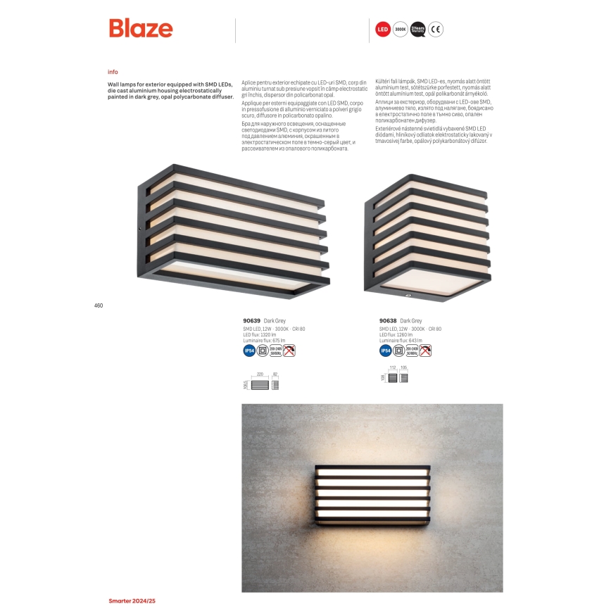 Redo 90639 - Επιτοίχιο φωτιστικό εξωτερικού χώρου LED BLAZE LED/12W/230V 3000K IP54 ανθρακί