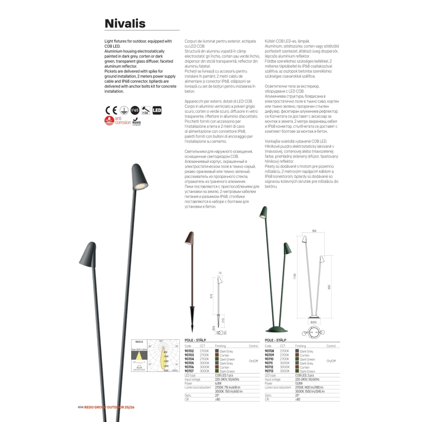 Redo 90705 - Εξωτερικό φωτιστικό LED NIVALIS LED/6,8W/230V 3000K 82 cm IP65 ανθρακί