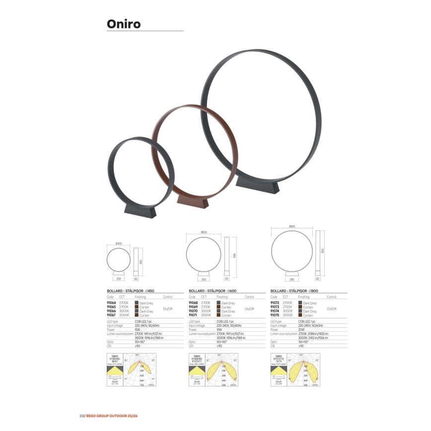 Redo 91067 - LED εξωτερικό φωτιστικό ONIRO LED/15W/230V 3000K 49,5 cm CRI 90 IP65 καφέ