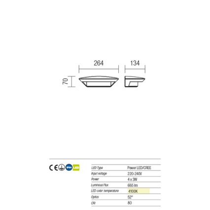 Redo 9407 - Επιτοίχιο φωτιστικό εξωτερικού χώρου LED PLATE 4xLED/3W/230V 4100K IP54 ανθρακί
