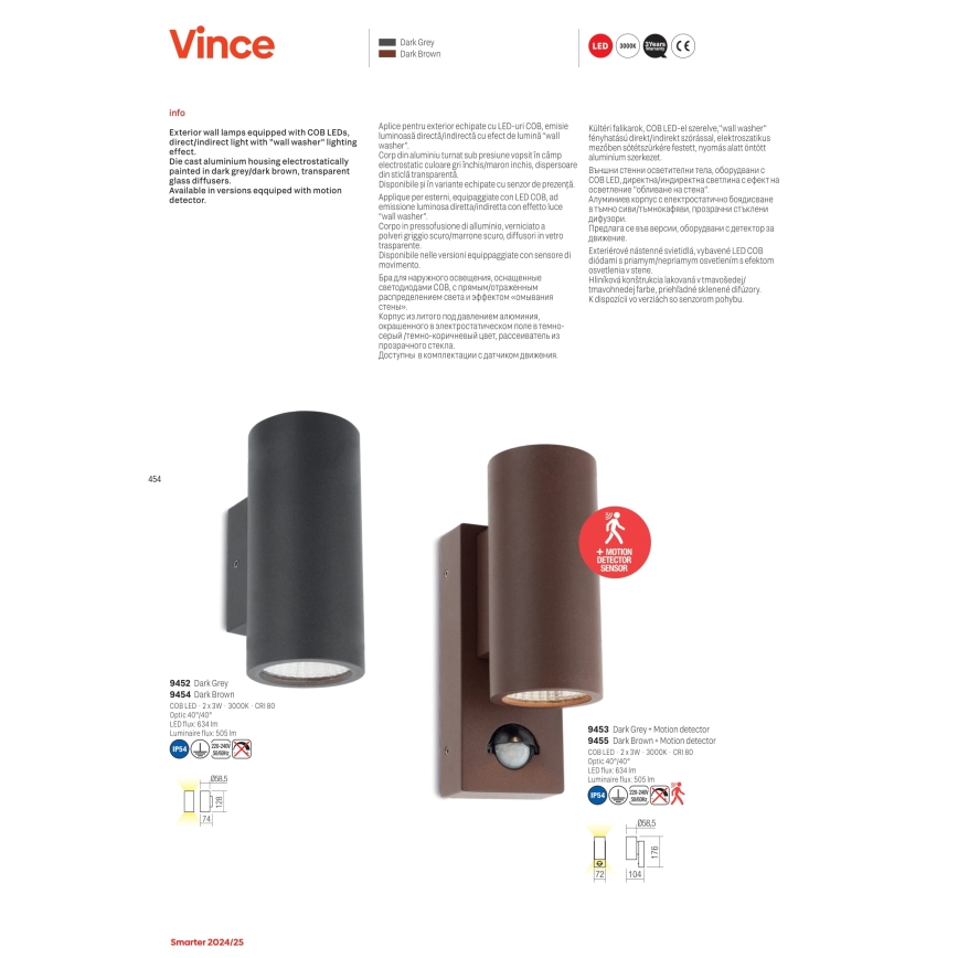 Redo 9453 - LED εξωτερικό επιτοίχιο φωτιστικό με αισθητήρα VINCE 2xLED/3W/230V IP54 ανθρακί