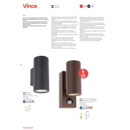 Redo 9455 - Επιτοίχιο εξωτερικό φωτιστικό LED με αισθητήρα VINCE 2xLED/3W/230V IP54 καφέ