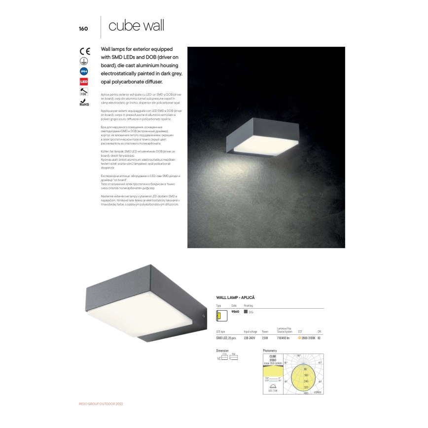 Redo 9560 - Εξωτερικό επιτοίχιο φωτιστικό CUBE LED/7,5W/230V 3000K IP54 ανθρακί