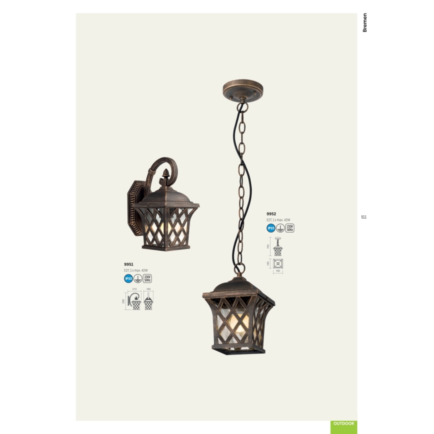 Redo 9952 - Κρεμαστό φωτιστικό οροφής εξωτερικού χώρου  BREMEN 1xE27/42W/230V IP23 χρυσό/πατίνα