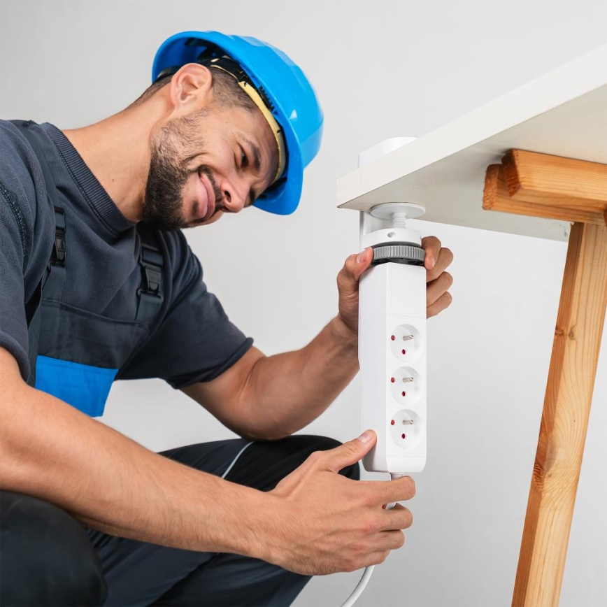 Καλώδιο επέκτασης με σφιγκτήρα για γραφείο, 3 υποδοχές (τύπου E) + 2x USB-A + 1x USB-C, 1,5 m, λευκό