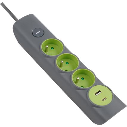 Retlux - Καλώδιο επέκτασης με διακόπτη, 3 υποδοχές (τύπου E) + 1x USB-A + 1x USB-C, 1,4 m, γκρι