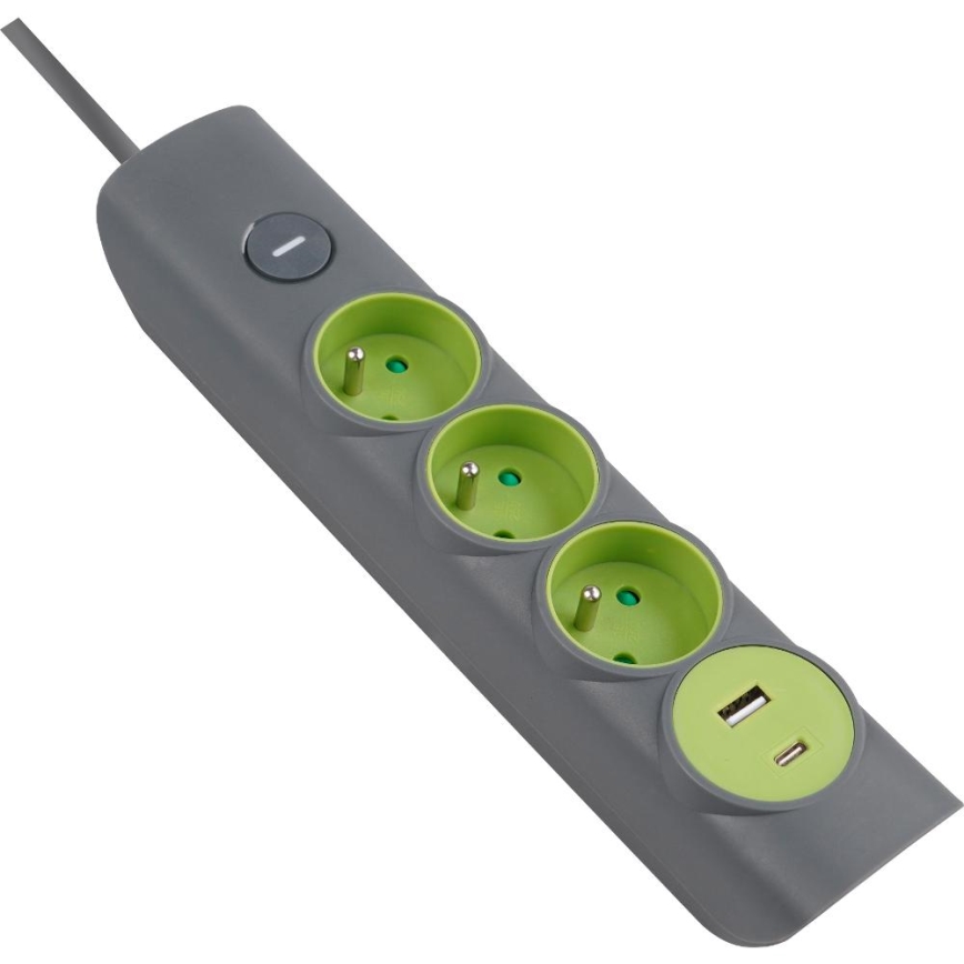 Retlux - Καλώδιο επέκτασης με διακόπτη, 3 υποδοχές (τύπου E) + 1x USB-A + 1x USB-C, 1,4 m, γκρι