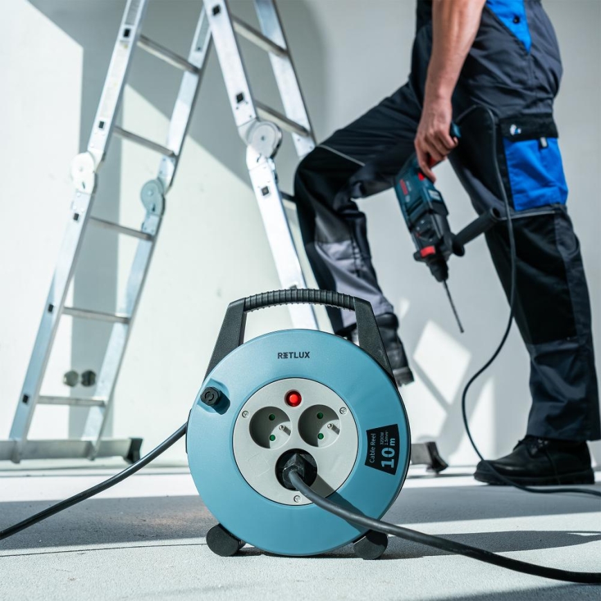 Retlux - Καρούλι καλωδίου με 3 υποδοχές, Τύπος E, 10 m, μπλε/μαύρο