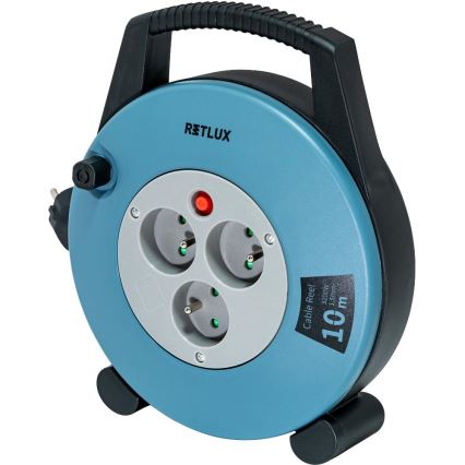 Retlux - Καρούλι καλωδίου με 3 υποδοχές, Τύπος E, 10 m, μπλε/μαύρο