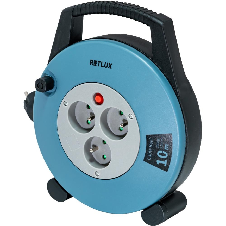 Retlux - Καρούλι καλωδίου με 3 υποδοχές, Τύπος E, 10 m, μπλε/μαύρο