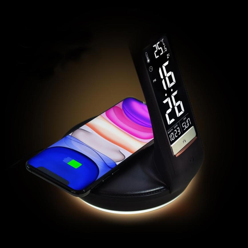 Επιτραπέζιο φωτιστικό LED Dimmable με ασύρματη φόρτιση Qi 5W και οθόνη LED/6W/230V/1xCR2032 3000/4000/6000K μαύρο