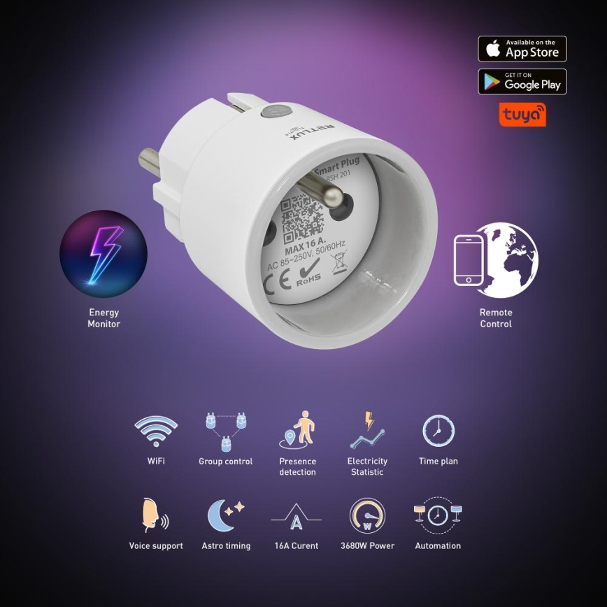 Έξυπνη πρίζα 3680W/230V/Τύπος E/16A Wi-Fi Tuya