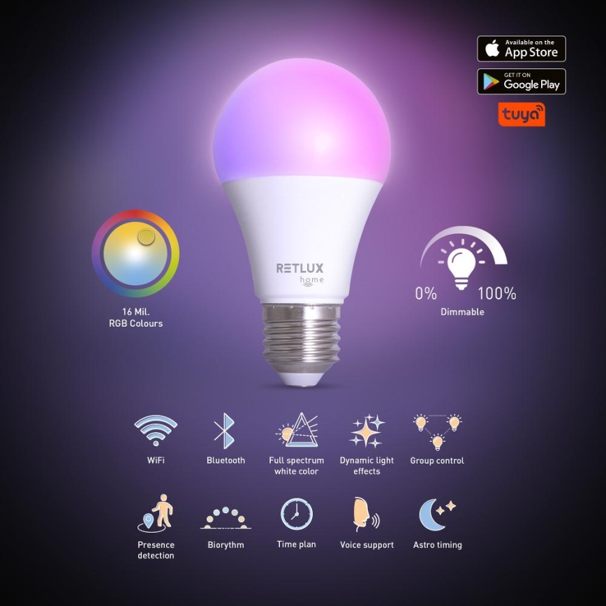 Λάμπα LED RGBW Dimmable A60 E27/9W/230V 2700-6500K Wi-Fi Tuya