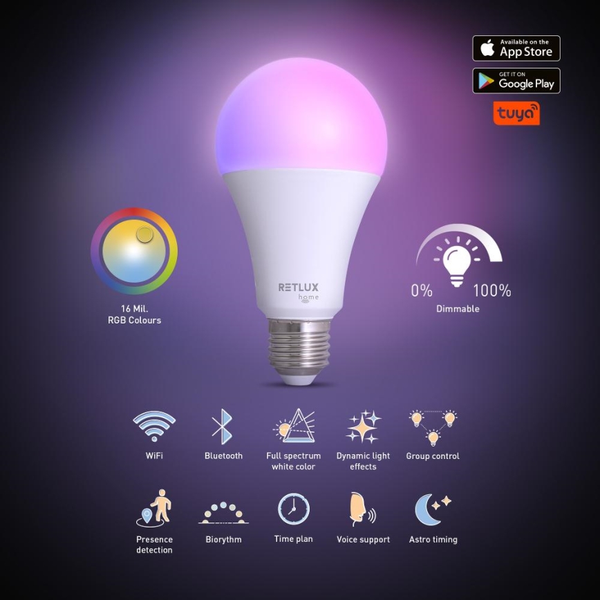 Λάμπα LED RGBW Dimmable A70 E27/14W/230V 2700-6500K Wi-Fi Tuya