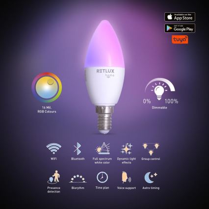 Λάμπα LED RGBW Dimmable C37 E14/4,5W/230V 2700-6500K Wi-Fi Tuya