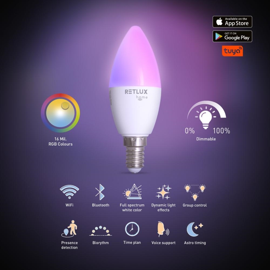 Λάμπα LED RGBW Dimmable C37 E14/4,5W/230V 2700-6500K Wi-Fi Tuya