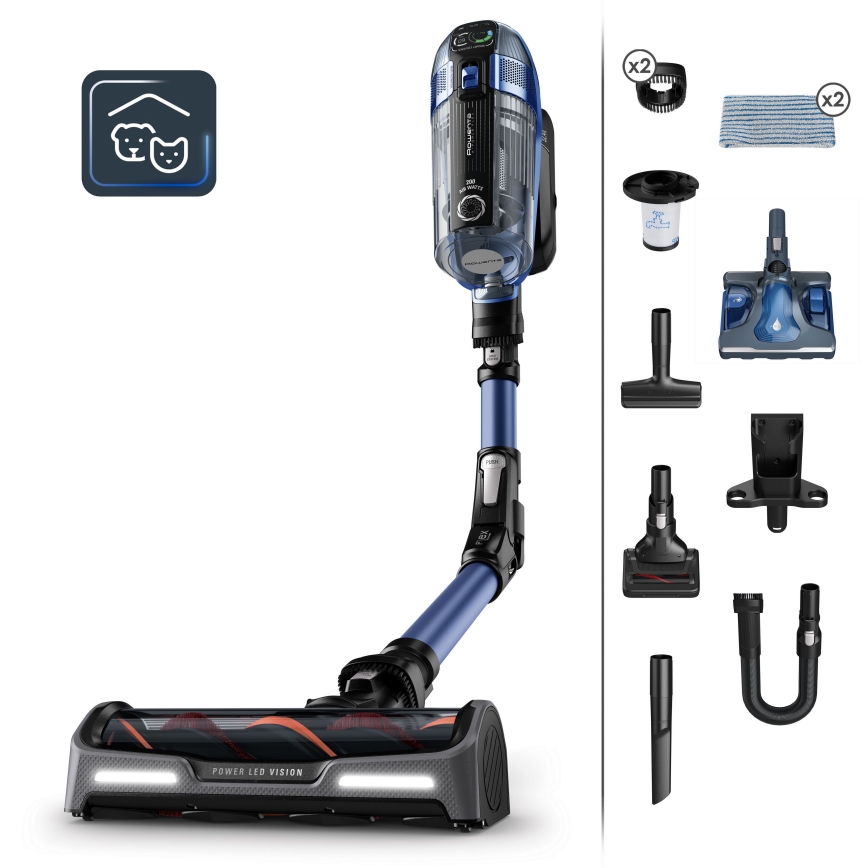 Rowenta - Σκούπα ράβδου με σφουγγαρίστρα X-FORCE FLEX ANIMAL AQUA AUTO 3 σε 1 480W/32,4V 2500 mAh μπλε