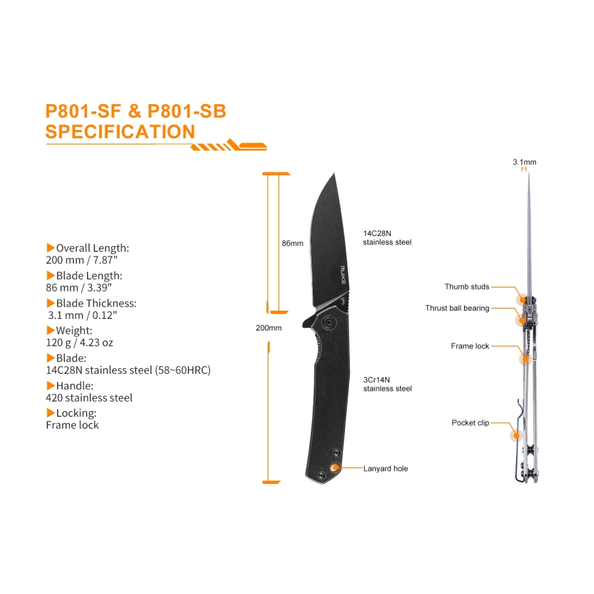 Ruike RUP801SF - Πτυσσόμενο τσεπικό μαχαίρι 20 εκ. ασημί