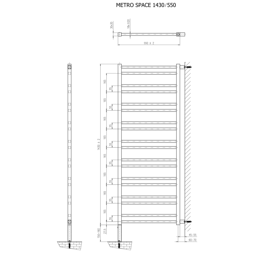 Sapho - Καλοριφέρ μπάνιου METRO SPACE 525W 55x143 cm, μαύρο ματ