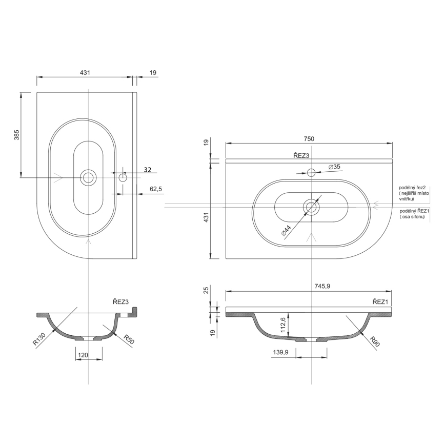 Sapho - Γωνιακός εντοιχισμένος νιπτήρας PULSE 75x43 cm μάρμαρο/λευκό