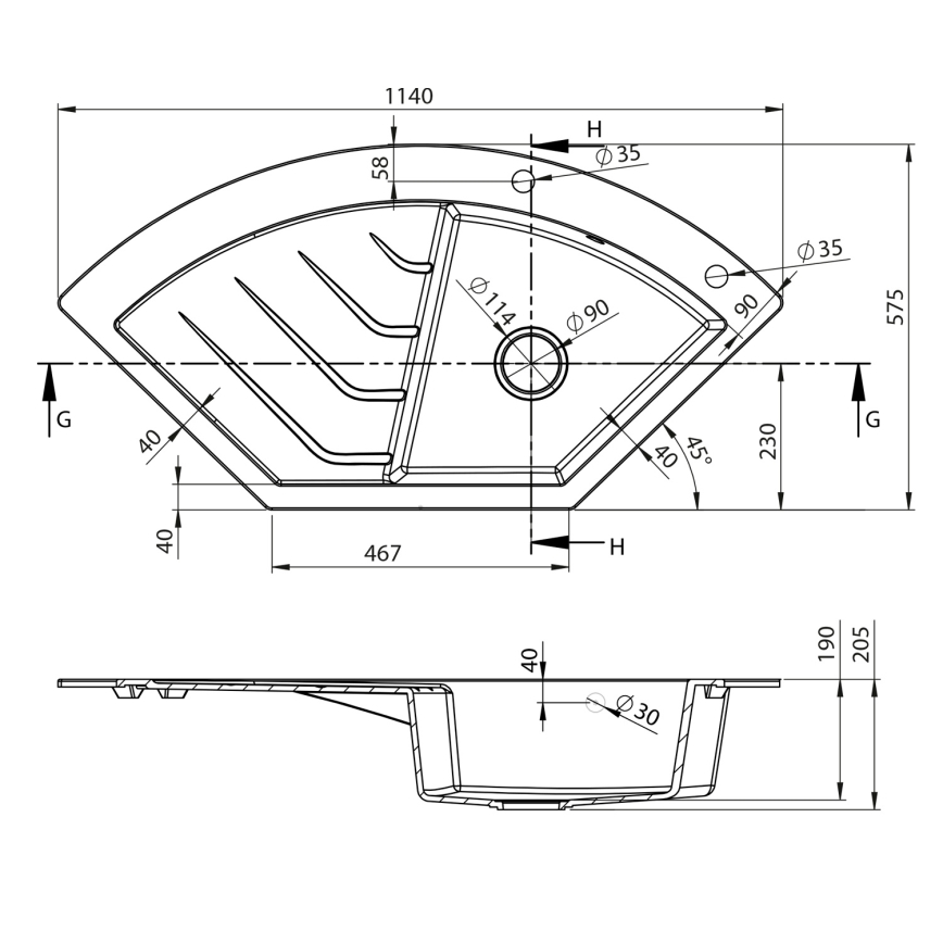 Sapho - Γωνιακός νεροχύτης κουζίνας 114x57,5 εκ., γρανίτης/μαύρο