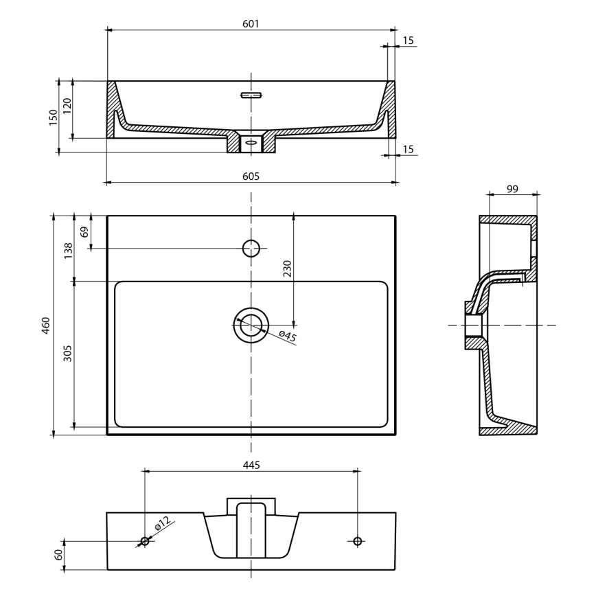Sapho - Επιτοίχιος νιπτήρας AQUATIC 60x46 cm κεραμικό/λευκό