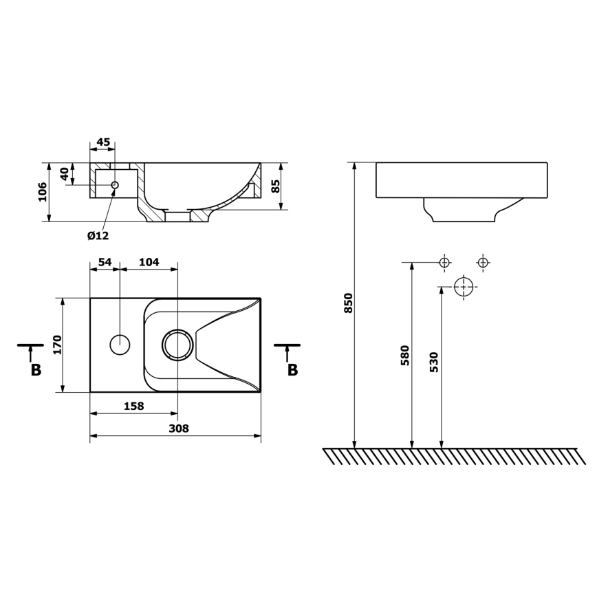 Sapho - Επιτοίχιος νιπτήρας PICCOLINO 31x17 cm αριστερός/χυτό μάρμαρο/λευκό