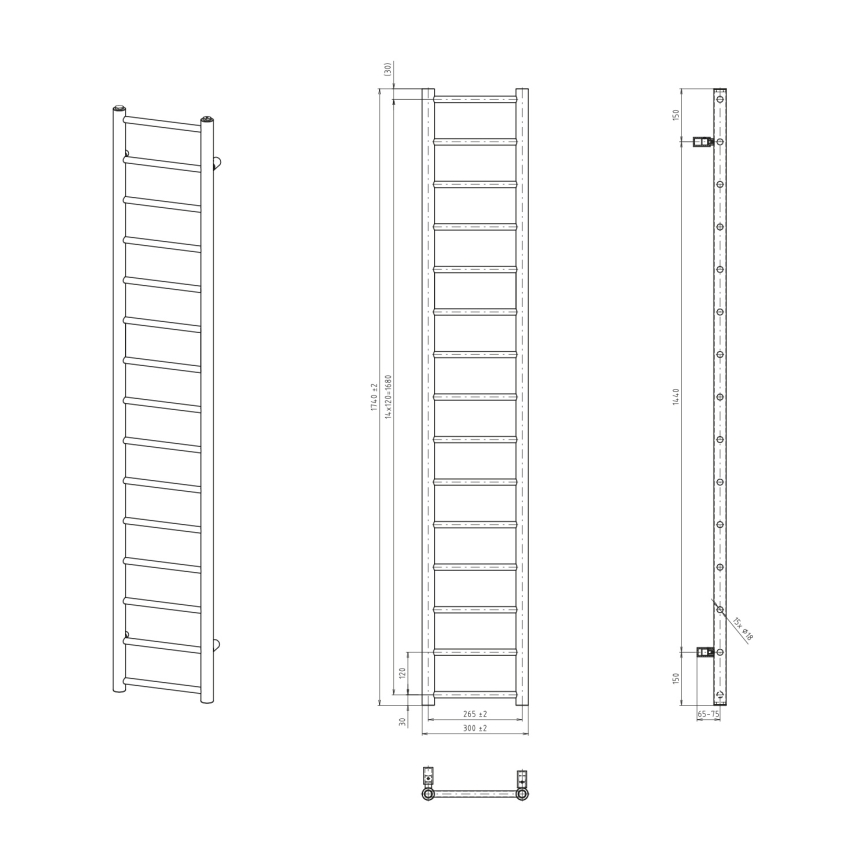 Sapho - Θερμαντικό σώμα μπάνιου DINA 335W 30x174 cm ματ μαύρο