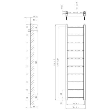 Sapho - Θερμαντικό σώμα μπάνιου METRO LIGHT 114x30 cm ματ μαύρο