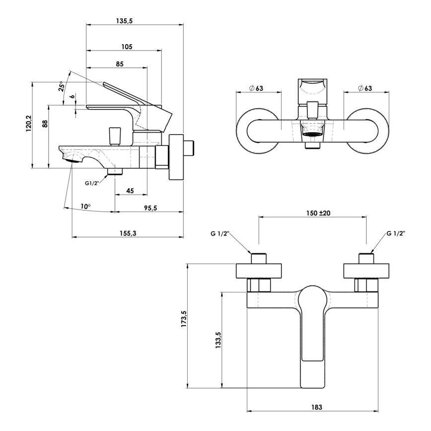 Sapho - Μπαταρία μπανιέρας PAX γυαλιστερό χρώμιο