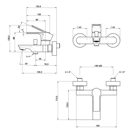 Sapho - Μπαταρία μπανιέρας PAX ματ μαύρο
