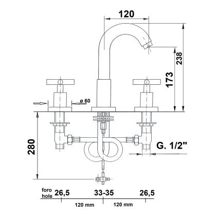 Sapho - Μπαταρία νιπτήρα για 3 οπές AXIA 23,8 cm γυαλιστερό χρώμιο