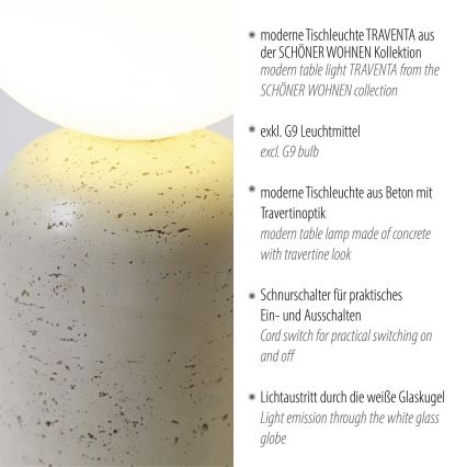 Schöner Wohnen 12543-42 - Επιτραπέζιο φωτιστικό TRAVENTA 1xG9/10W/230V από σκυρόδεμα