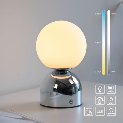 Schöner Wohnen 19218-17 - Ρυθμιζόμενο LED επιτραπέζιο φωτιστικό RUDI με λειτουργία αφής, επαναφορτιζόμενο, LED/1,2W/5V 3000-6000K 1200 mAh, γυαλιστερό χρώμιο