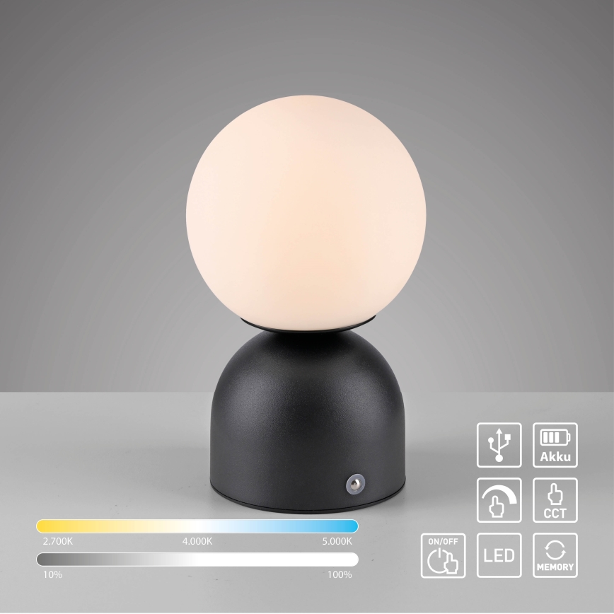 Schöner Wohnen 19218-18 - Επαναφορτιζόμενη επιτραπέζια LED λάμπα RUDI, ρυθμιζόμενη με έλεγχο αφής, LED/1,2W/5V 3000-6000K 1200 mAh, μαύρη
