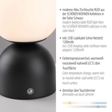 Schöner Wohnen 19218-18 - Επαναφορτιζόμενη επιτραπέζια LED λάμπα RUDI, ρυθμιζόμενη με έλεγχο αφής, LED/1,2W/5V 3000-6000K 1200 mAh, μαύρη