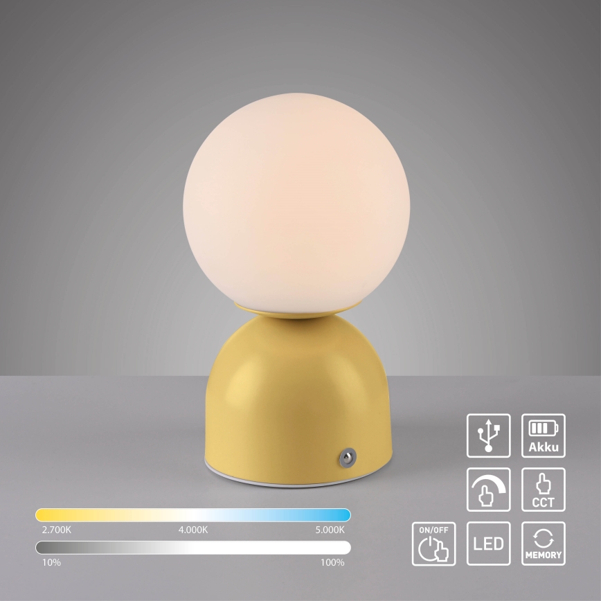 Schöner Wohnen 19218-81 - Επαναφορτιζόμενη επιτραπέζια λάμπα RUDI LED, ρυθμιζόμενη με έλεγχο αφής, LED/1,2W/5V 3000-6000K 1200 mAh κίτρινη