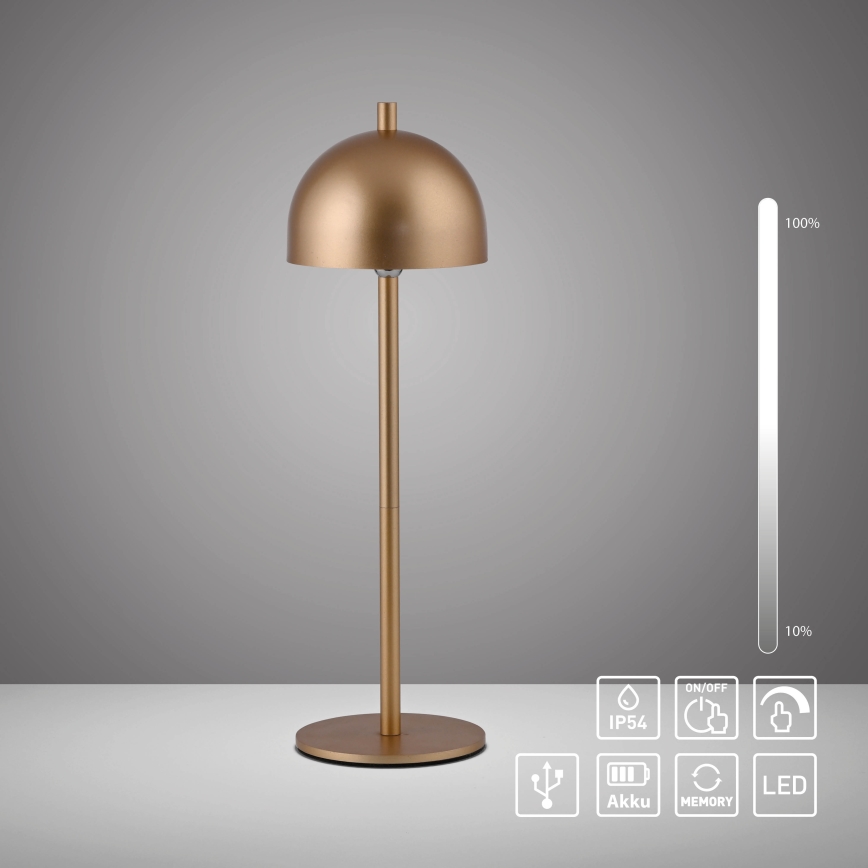 Schöner Wohnen 19244-12 - Επιτραπέζια εξωτερική LED λάμπα BELLIS, ρυθμιζόμενη έντασης φωτός, με έλεγχο αφής και επαναφορτιζόμενη, LED/2,5W/5V 2600 mAh IP54, χρυσή