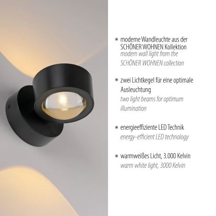 Schöner Wohnen 19331-18 - Φωτιστικό τοίχου LED CHIA 2xLED/2W/230V μαύρο