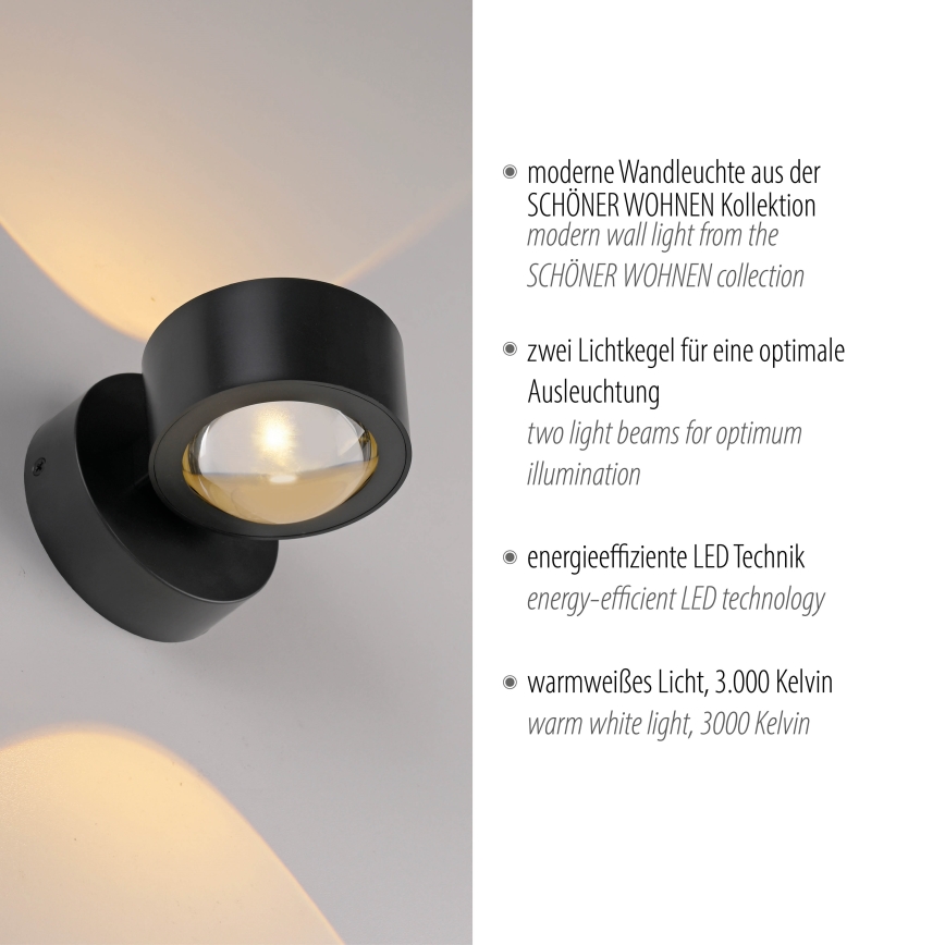 Schöner Wohnen 19331-18 - Φωτιστικό τοίχου LED CHIA 2xLED/2W/230V μαύρο