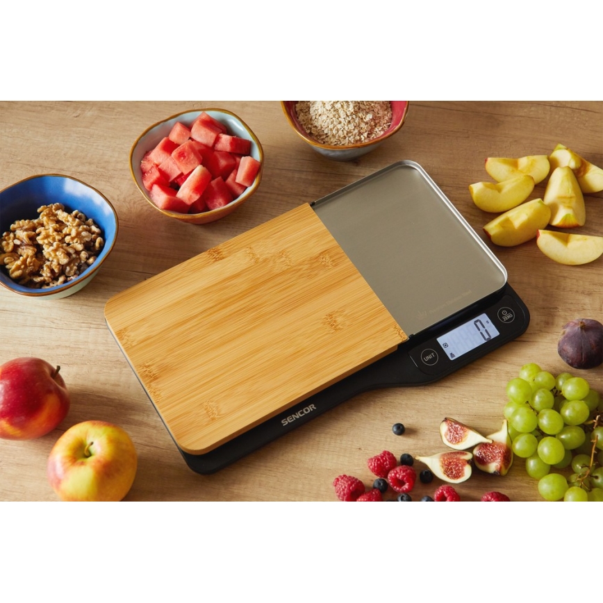 Sencor - Ηλεκτρονική ζυγαριά κουζίνας με ξύλο κοπής μπαμπού 2xAAA μαύρο