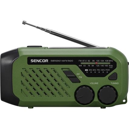 Sencor - Ραδιόφωνο κάμπινγκ με μανιβέλα, ηλιακό πάνελ και LED φακό 5V/2000 mAh IPX4 πράσινο