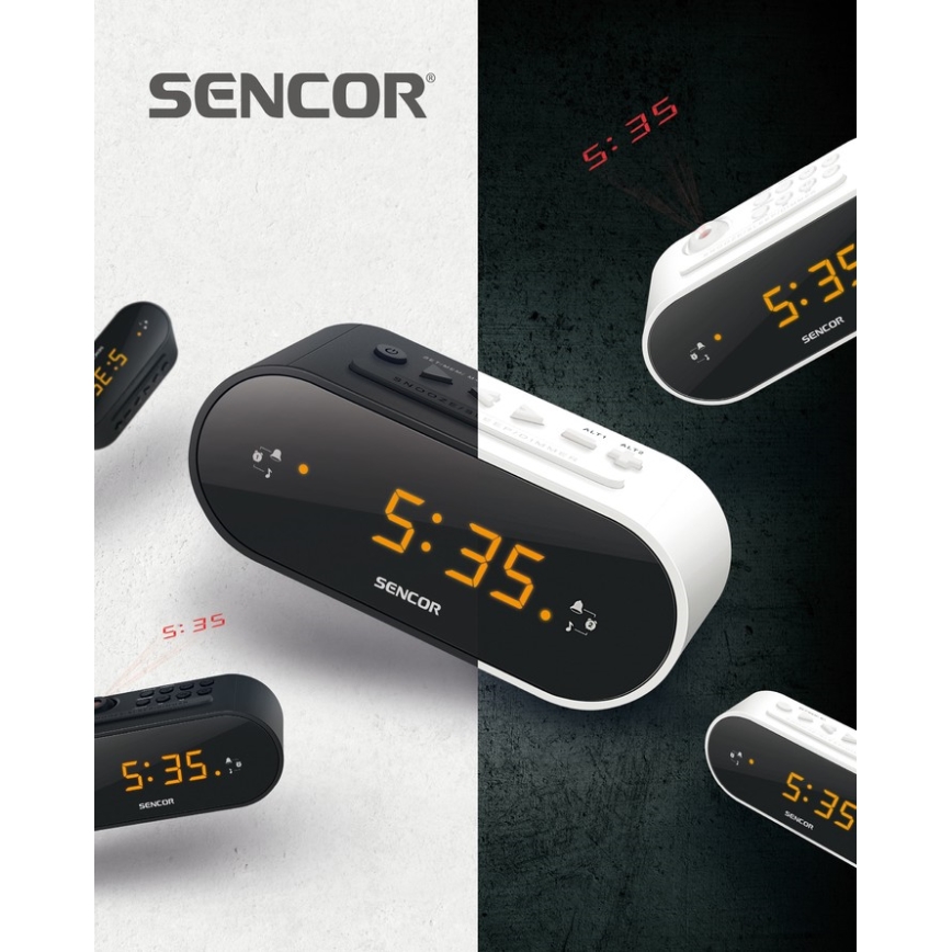 Sencor - Ραδιόφωνο-ξυπνητήρι με οθόνη LED και προβολέα 5W/230V 1xCR2032 μαύρο