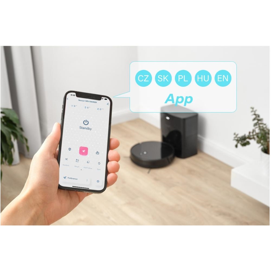 Sencor - Ρομποτική σκούπα 2 σε 1 με λειτουργία σφουγγαρίσματος, 16 W / 2600 mAh, Wi‑Fi, μαύρη + τηλεχειριστήριο